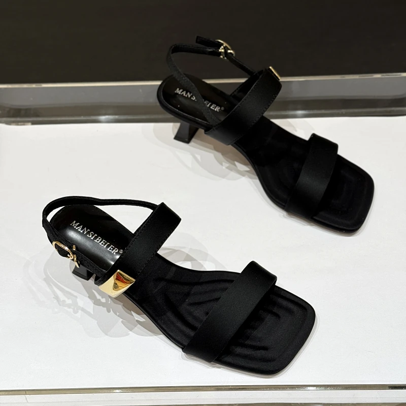 法式中跟一字带凉鞋女2025新款夏季细跟百搭洋气方头高跟鞋鞋子