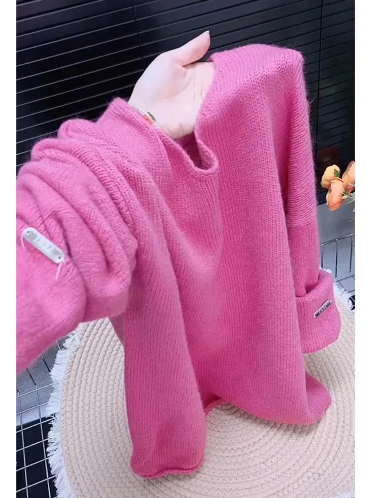 今年流行款玫粉色圆领针织衫女秋装时尚韩版洋气甜美温柔减龄毛衣