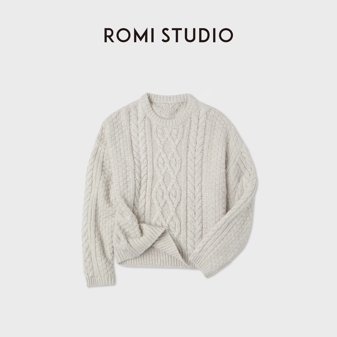 ROMI STUDIO婴驼羊绒羊毛轻盈圆领绞花套头针织毛衣RWCAST5543