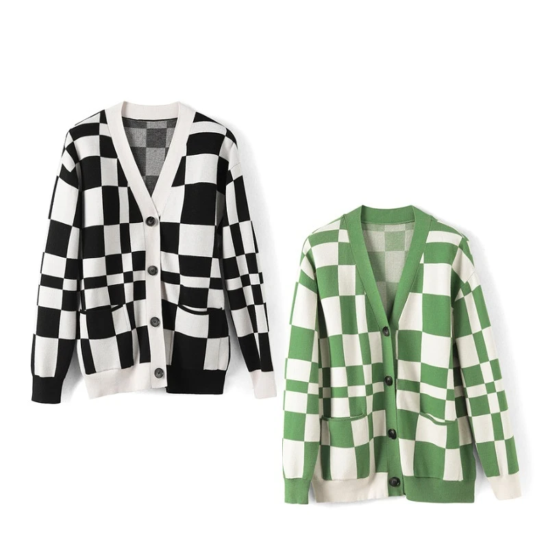 27562【依目系列】慵懒棋盘格针织衫1I127736D