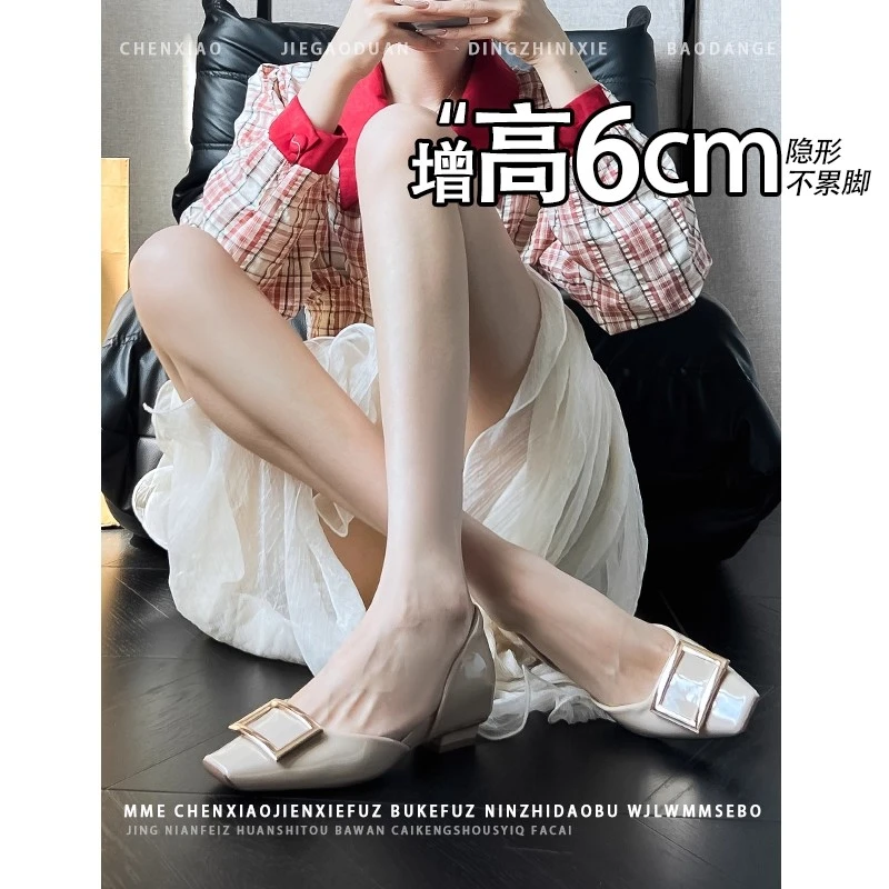 内增高6CM法式方扣浅口单鞋女2025新款不累脚一脚蹬夏季中空凉鞋