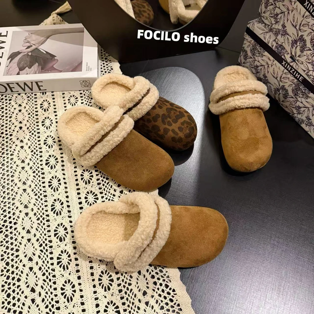 厚底一脚蹬勃肯鞋子包头毛毛半拖鞋女冬季加绒2025新款棉拖鞋外穿