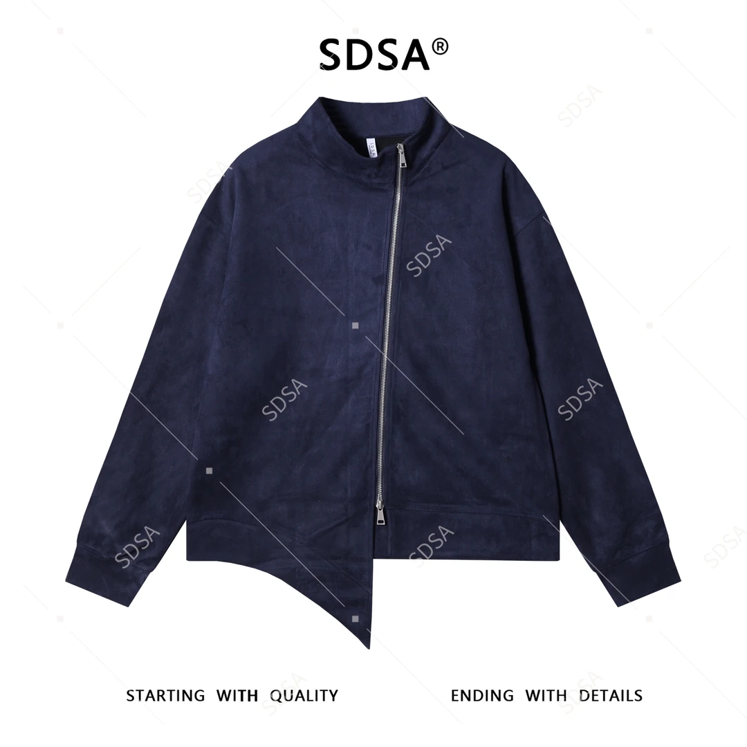 SDSA秋冬新款痞帅男装潮牌纯色绒面拉链立领卫衣下摆不规则百搭潮