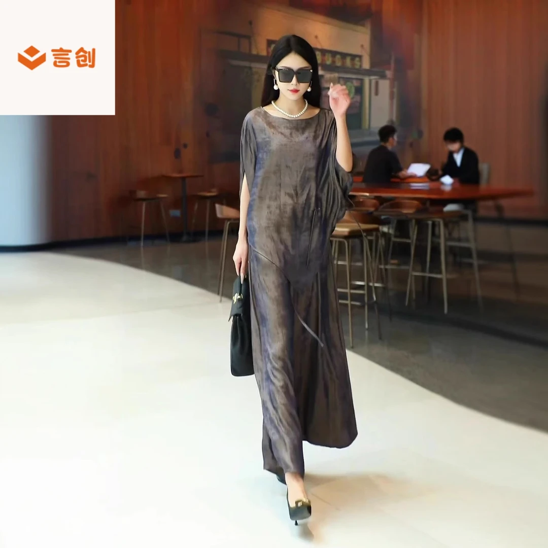 323夏季新款原创文艺复古优雅气质不规则短袖上衣阔腿裤两件套装