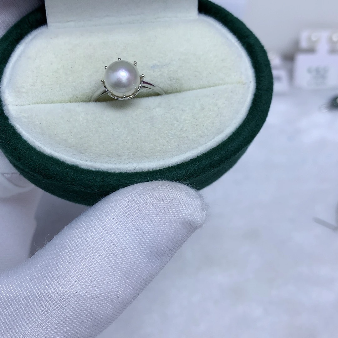 海水珍珠戒指银S925镶嵌7-8
