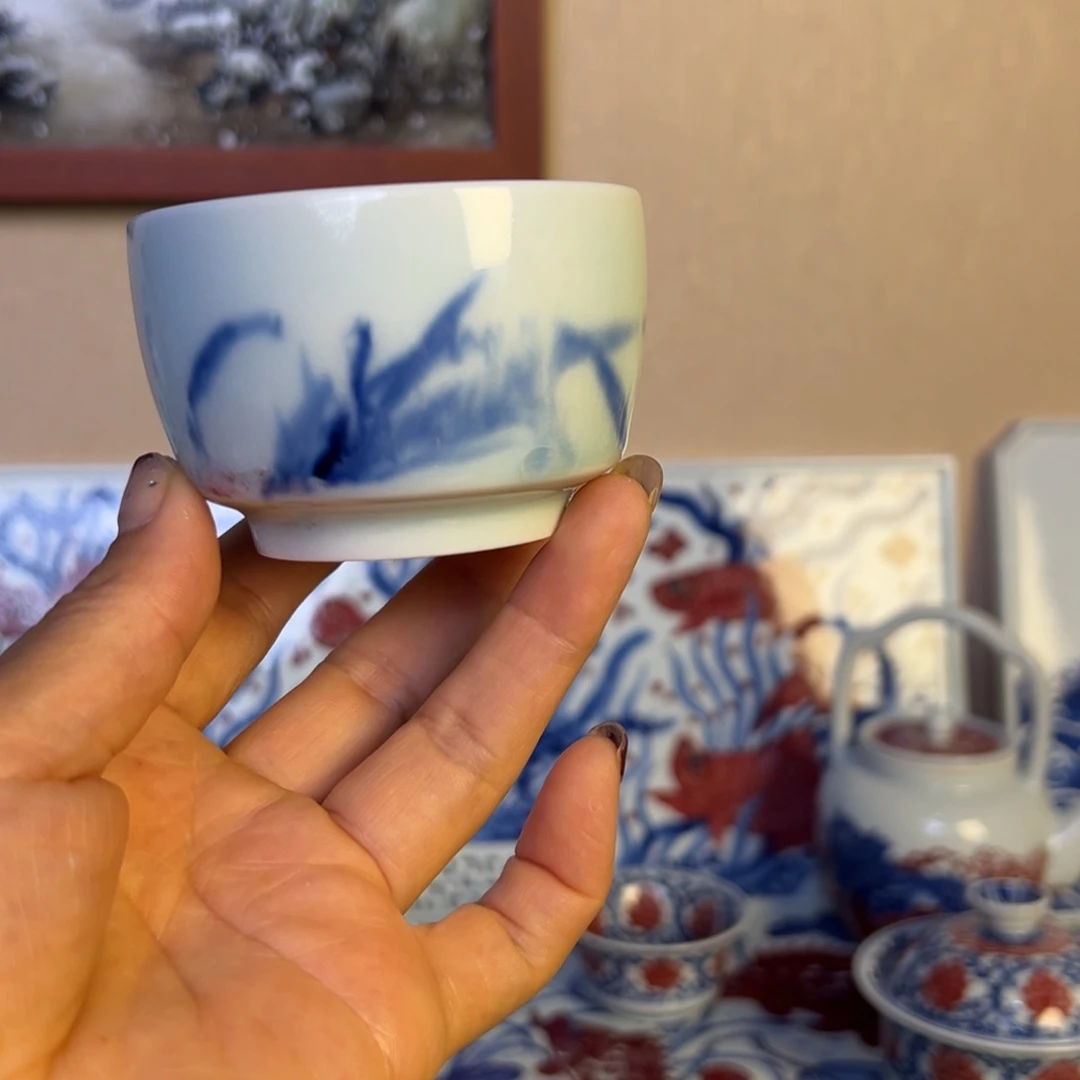 杯朝**舞青花釉里红原矿
