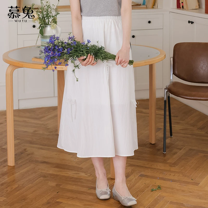 慕兔甜美蝴蝶结半身裙女2025夏季新款小个子高腰显瘦中长款a字裙