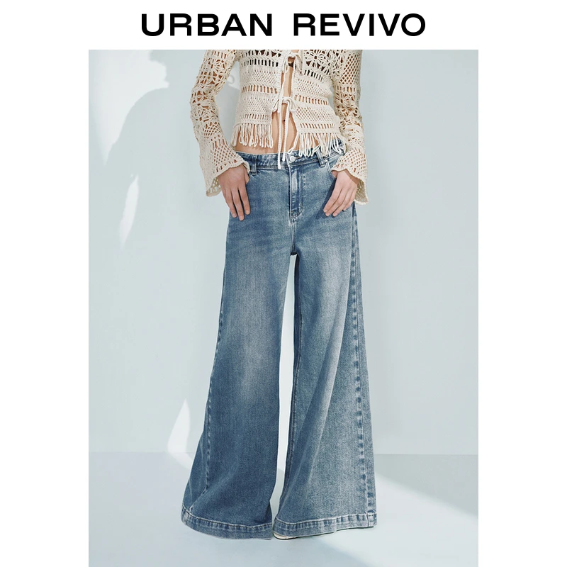 UR2025春季新款女装欧若风复古水洗磨白阔腿牛仔长裤UWM850074