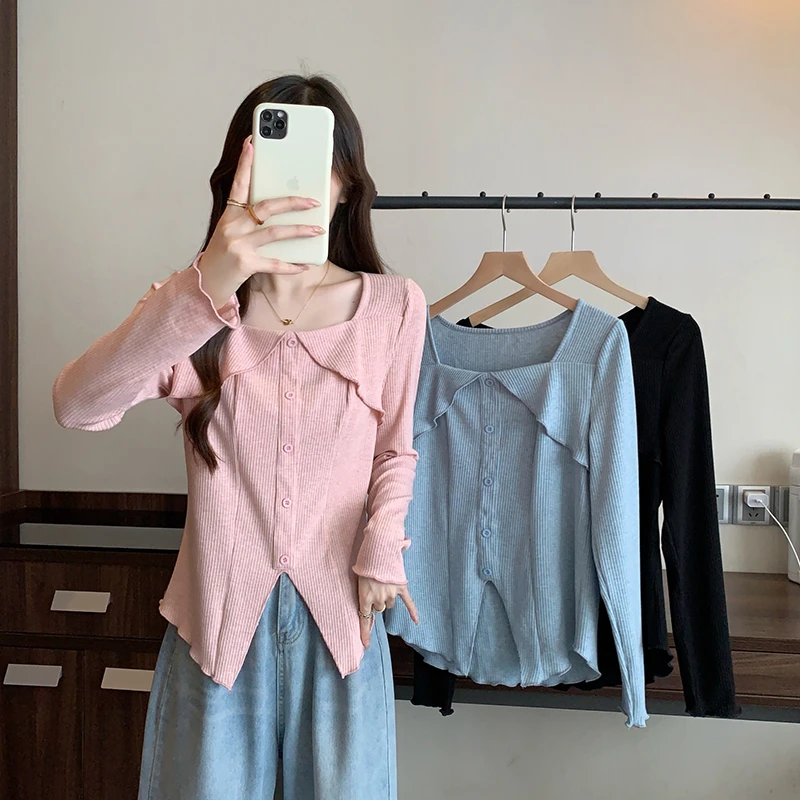 2025秋装新款胖mm大码女甜美气质设计感方领不规则长袖上衣A0873