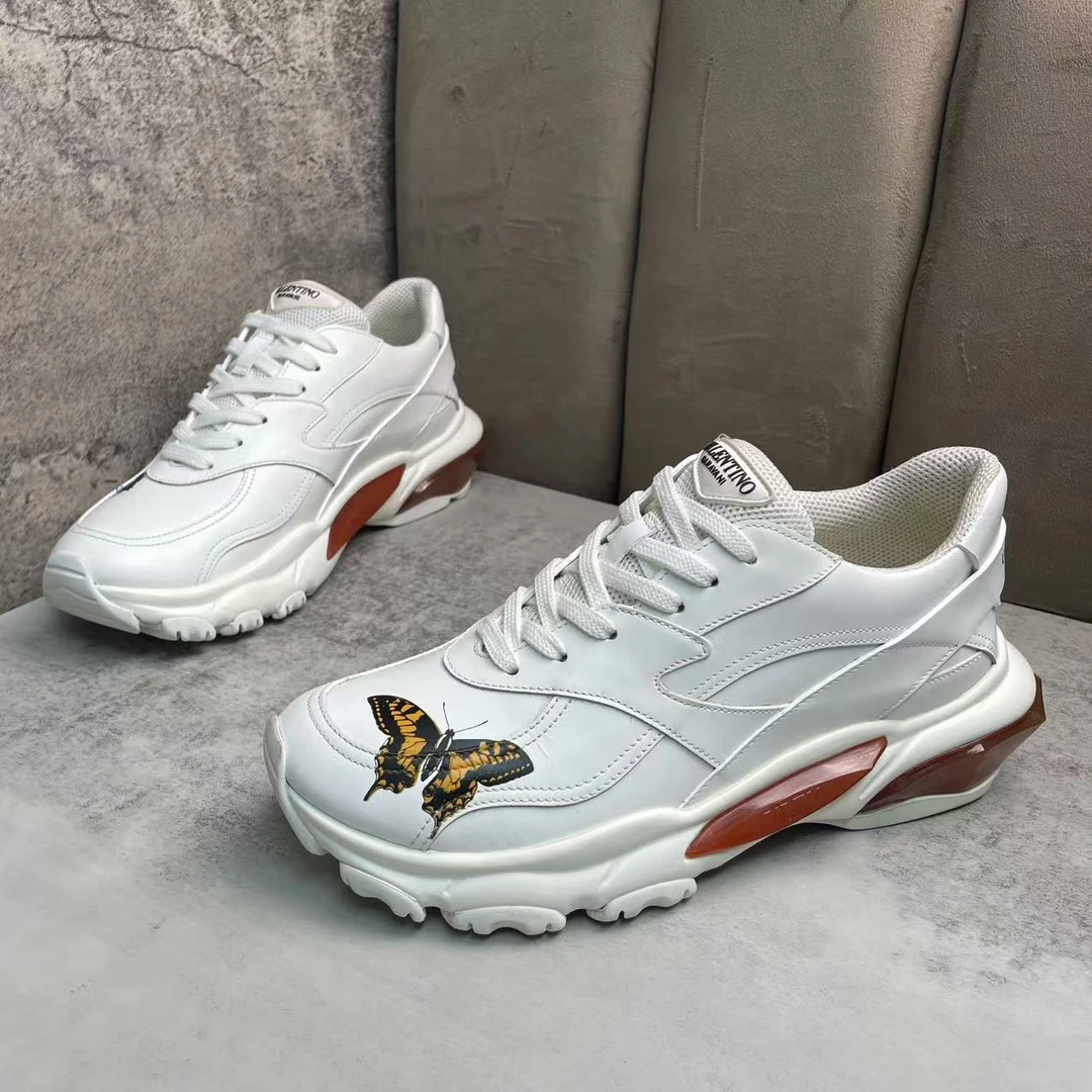 95新 Valentino/华伦天奴 白色皮革蝴蝶印花厚底运动鞋 38国码