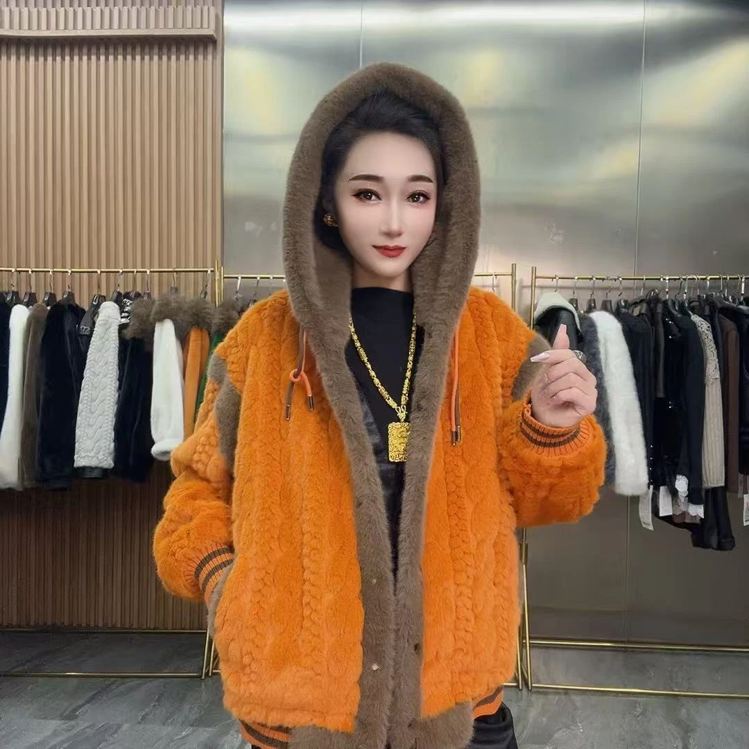 【莲姐专属】8684撞色连帽麻花毛毛外套 HJDN