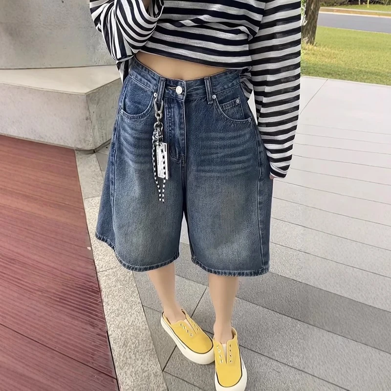 高腰大码女装美式牛仔短裤2025夏季新款胖mm五分裤休闲宽松阔腿裤