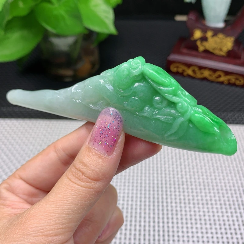 天然翡翠A货雕龙阳绿烟嘴玉石烟斗小摆件52.62g