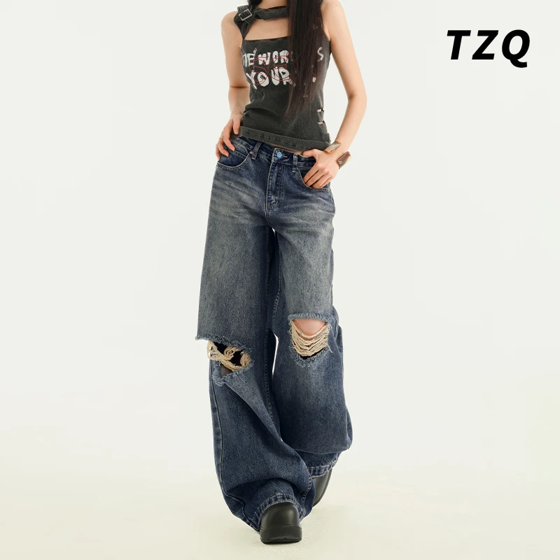 2025春季破洞阔腿裤女新款美式高腰复古高街拖地牛仔裤TZQ2522701