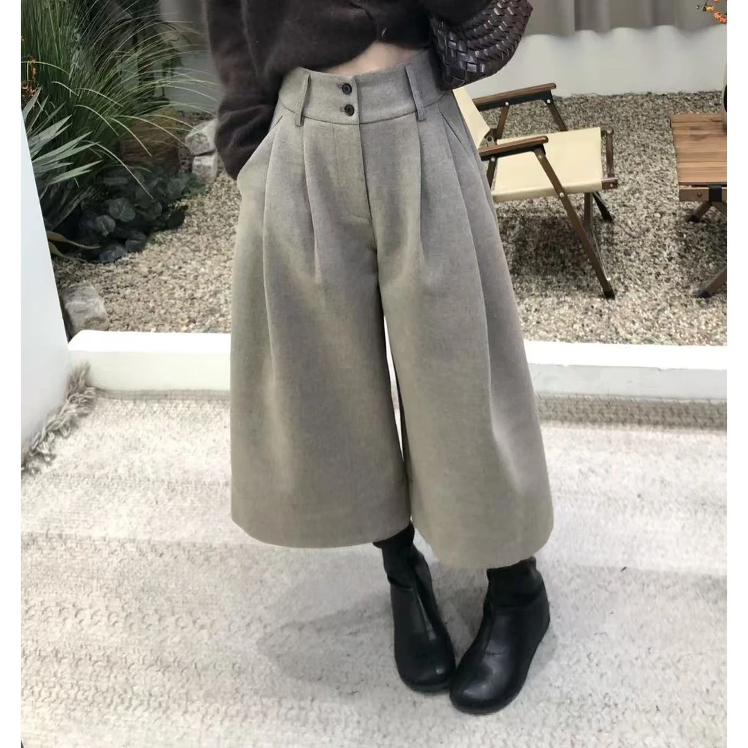 2025年时尚显瘦长袖鹅蛋领打底复古老钱显瘦8分阔腿裤裙裤套装女