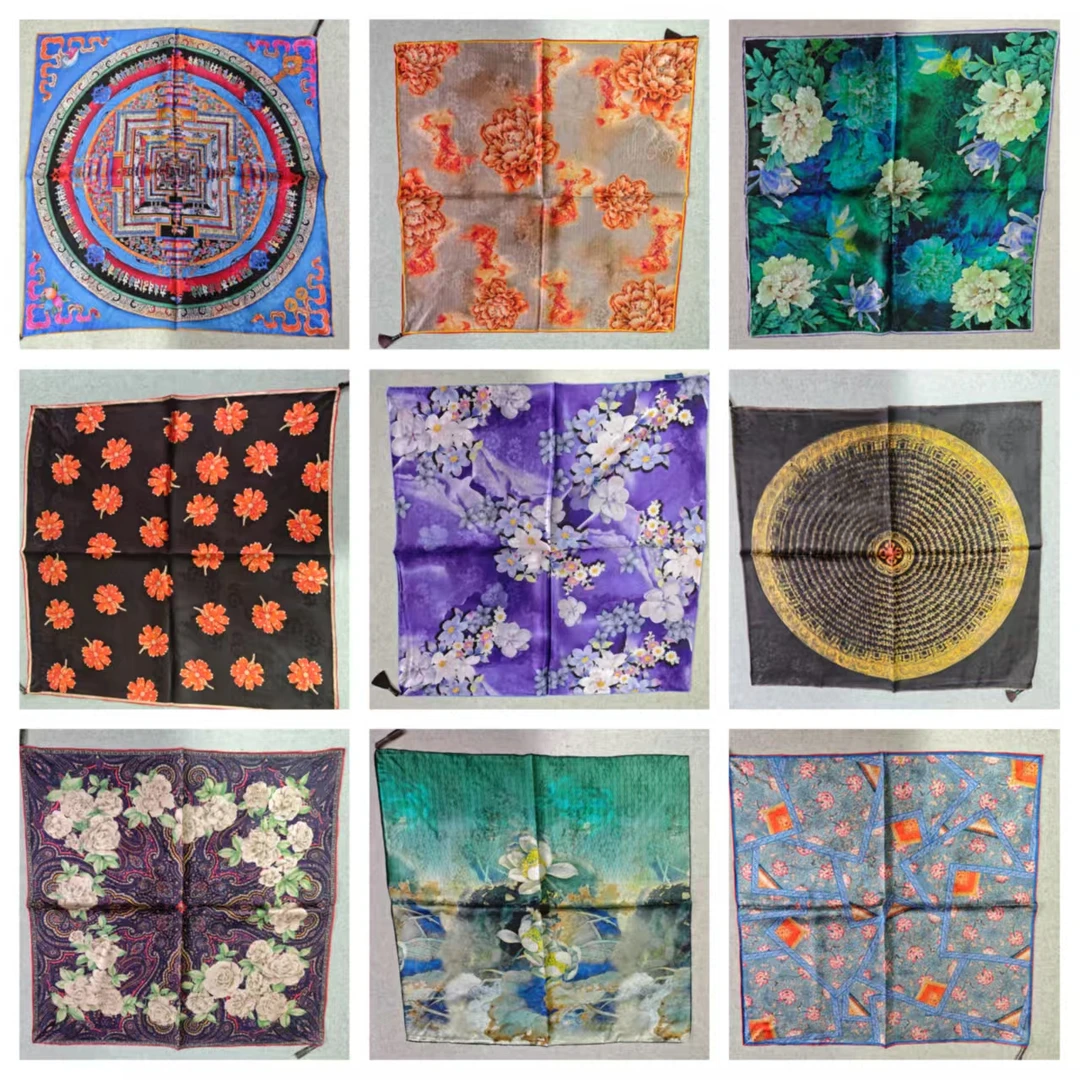 【孤品香云纱4.26】宫丽65x65cm6A纯100桑蚕丝香云纱花萝丝巾双面
