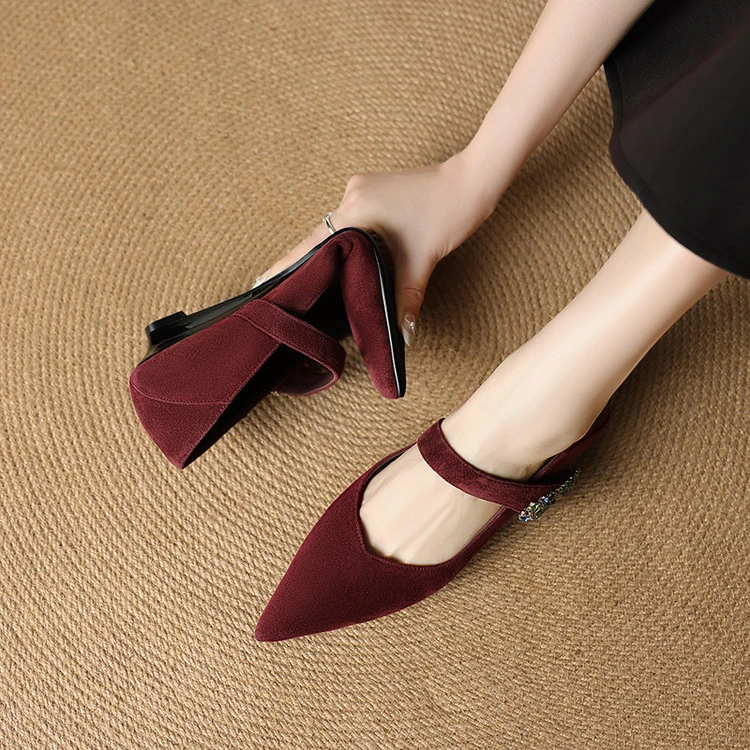 feilunna/妃伦娜3CM坡跟34-40春夏酒红色浅口羊反皮玛丽珍单鞋女