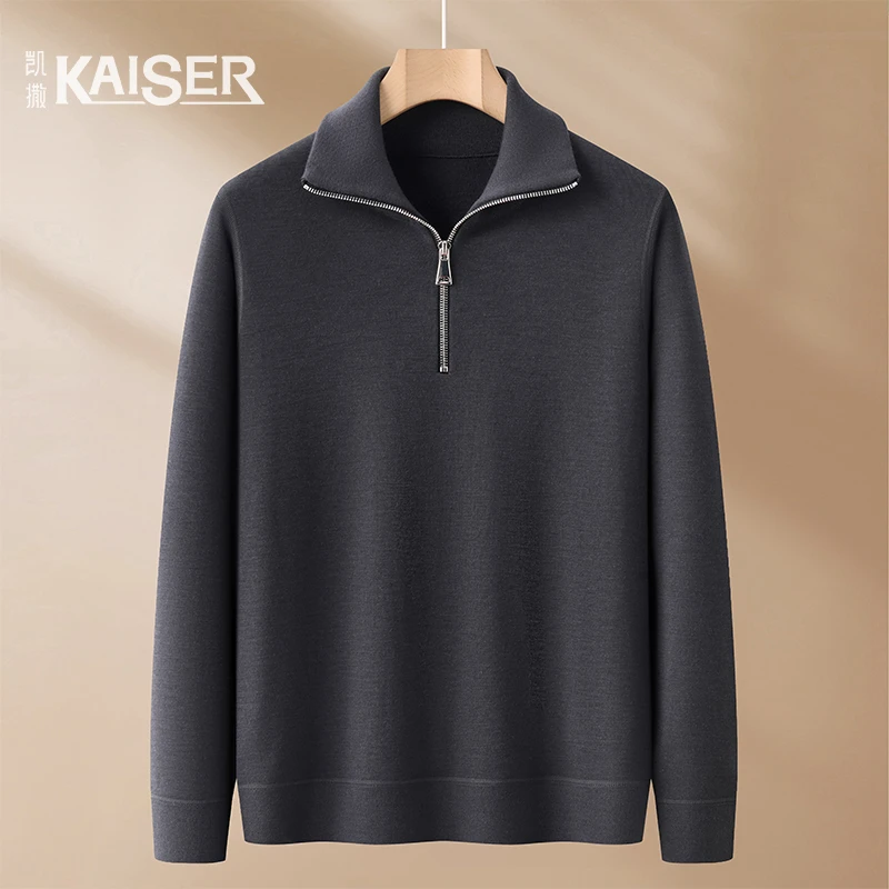 KAISER/凯撒【内里拉毛】加厚精纺黄金羊毛冬季纯色拉链高领羊毛衫