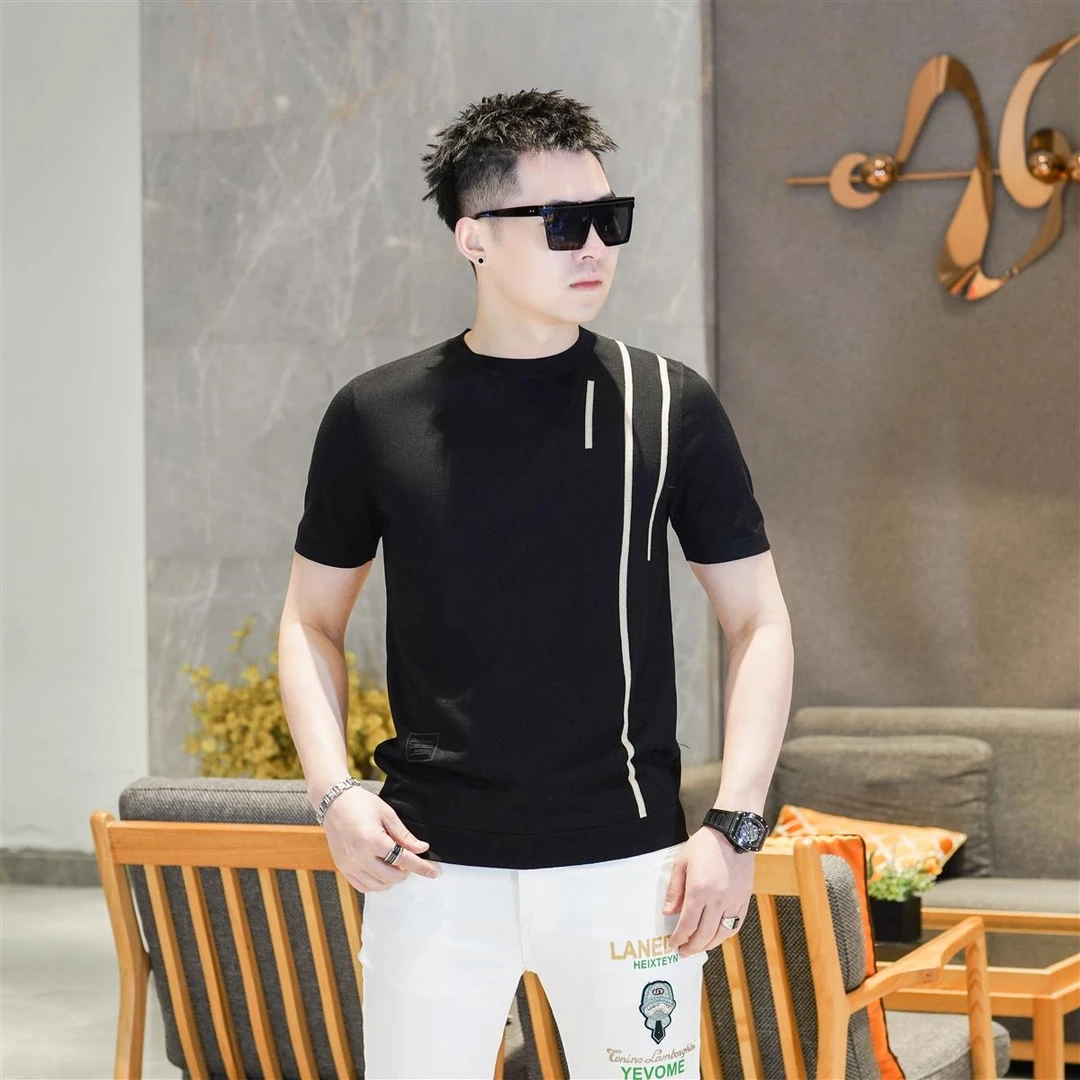 高类高端桑蚕丝混纺薄款黑色线条提花针织衫痞帅修身潮男GL60068