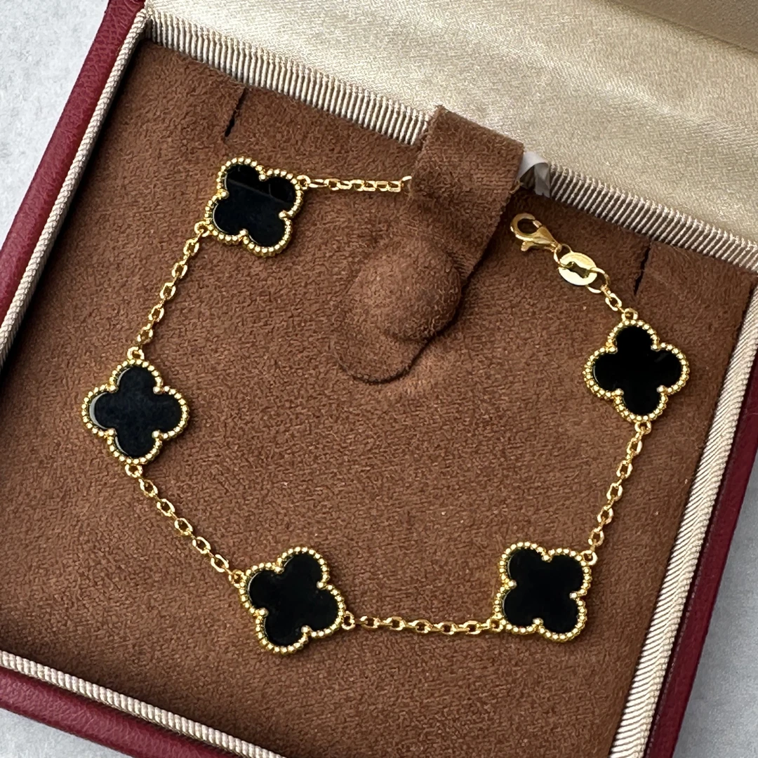 【美奢好物】足金999经典四叶草黑玛瑙五花手链
