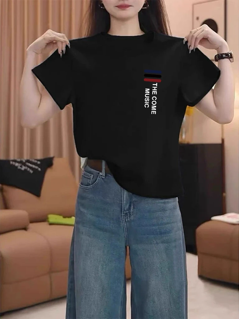 时尚百搭黑色韩版夏季新款正肩棉质圆领短袖t恤女高级感显瘦上衣