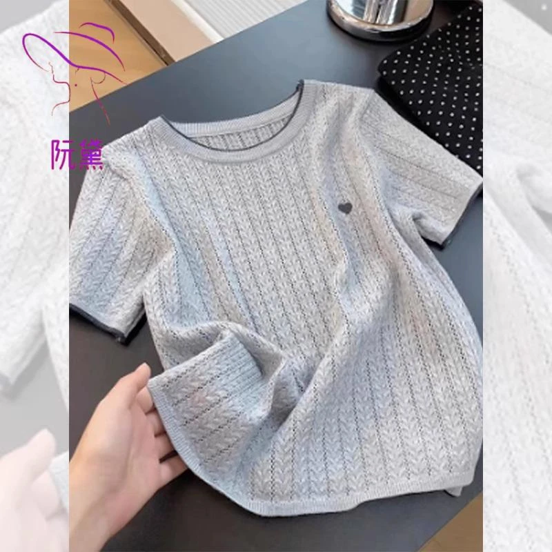 阮黛法式灰色刺绣麻花冰丝短款上衣女洋气百搭衫打底衫短袖t恤薄