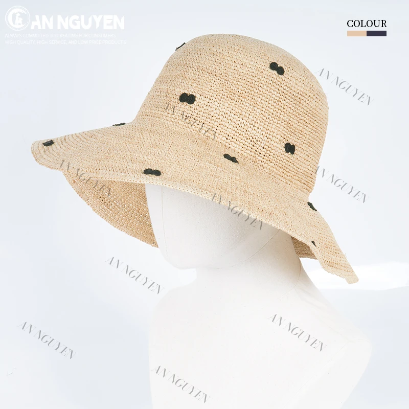 AS新款高级感拉菲草精编双圆点草帽时尚百搭防晒渔夫帽