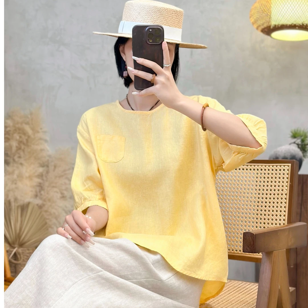 9051【100%进口亚麻】口袋中袖小衫简约时尚百搭