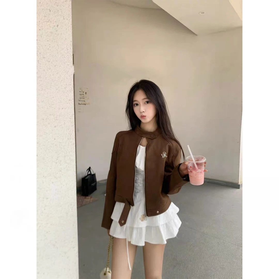 ikyou女装网红爆款2025新款复古棕色外套女秋季休闲短款夹克上衣