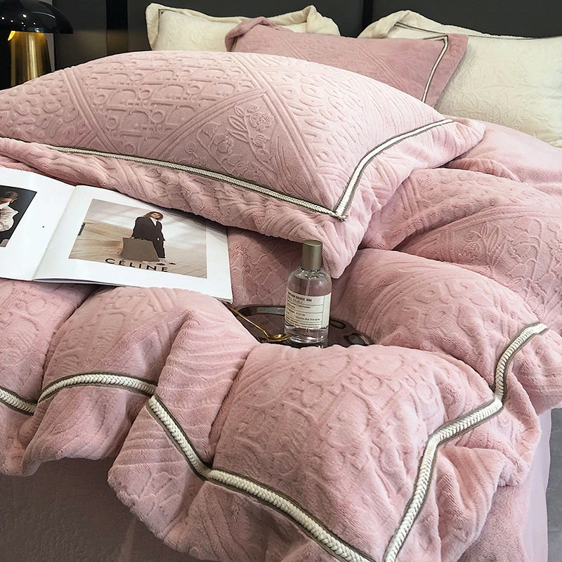 牛奶绒床上四件套冬季加厚双面绒床品少女刺绣花边珊瑚绒被套床单