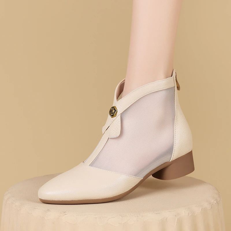 镂空网纱透气网靴女夏季优雅女士凉靴舒适软底中老年妈妈鞋配裙子