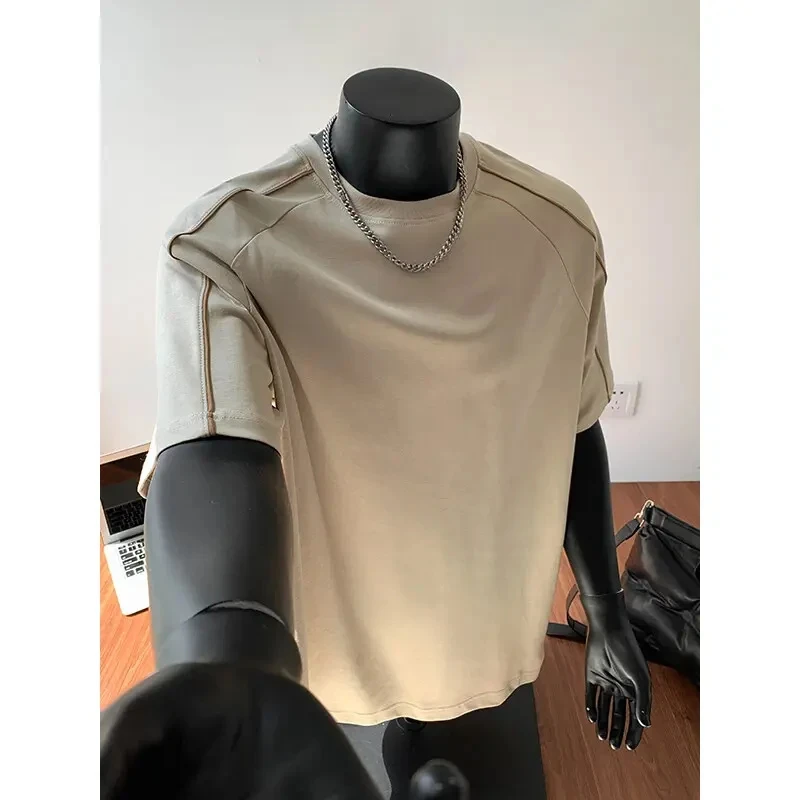 重磅索罗娜短袖T恤男夏季罗马棉嵌线夹条正肩上衣潮牌ins五分中袖