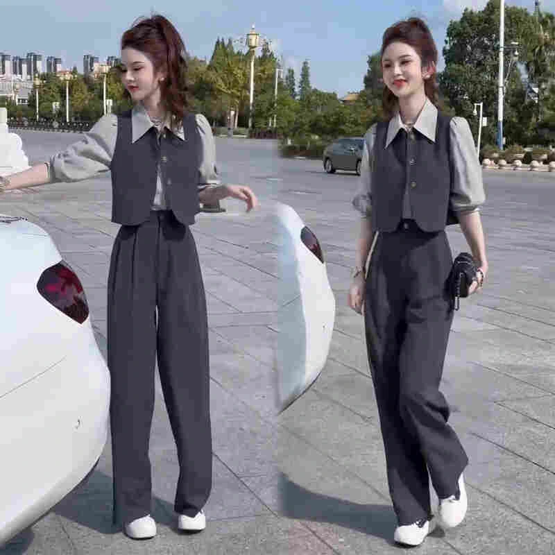 小个子气质减龄套装女春秋季洋气衬衫马甲阔腿裤轻熟风时尚三件套
