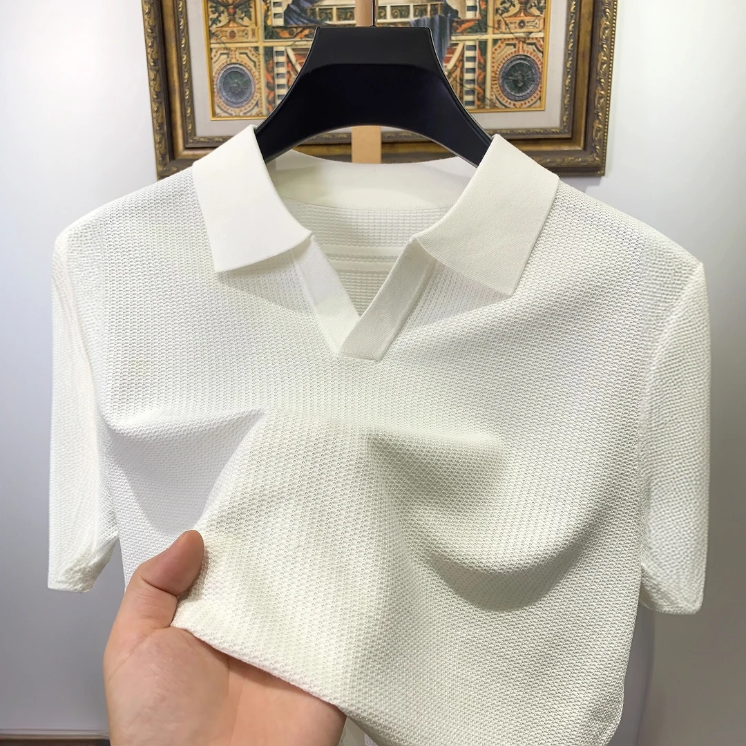 基密雷昂高档桑蚕丝轻奢男士海鸥领针织短袖t恤半袖Polo衫薄T恤潮