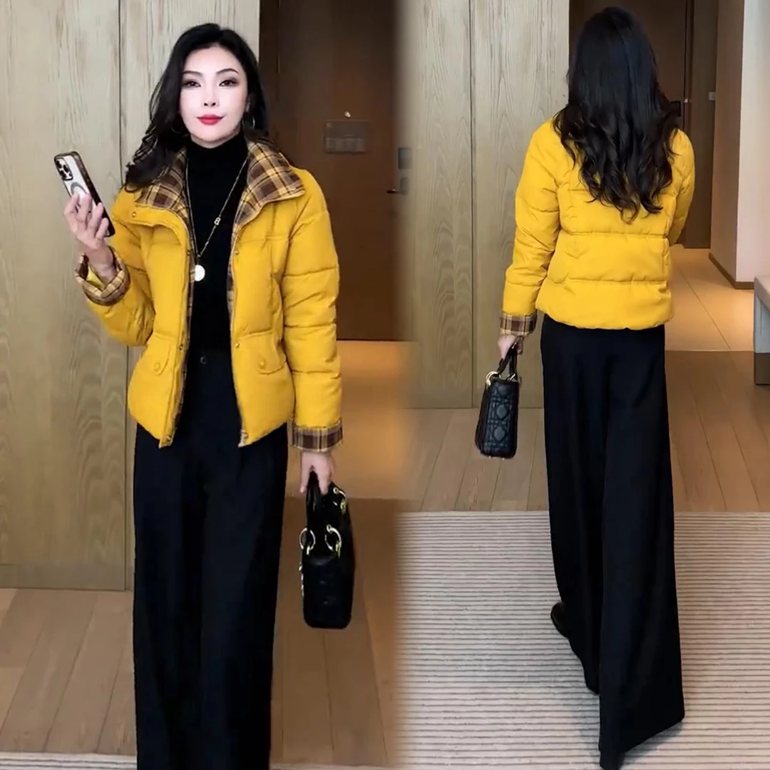 时尚棉服女2025冬季新款洋气立领格子拼接宽松显瘦加厚保暖短外套