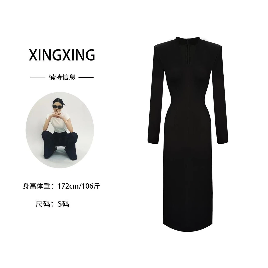 XINGXING 静奢时光 秋季黑色修身显瘦气质长袖轻奢收腰设计连衣裙