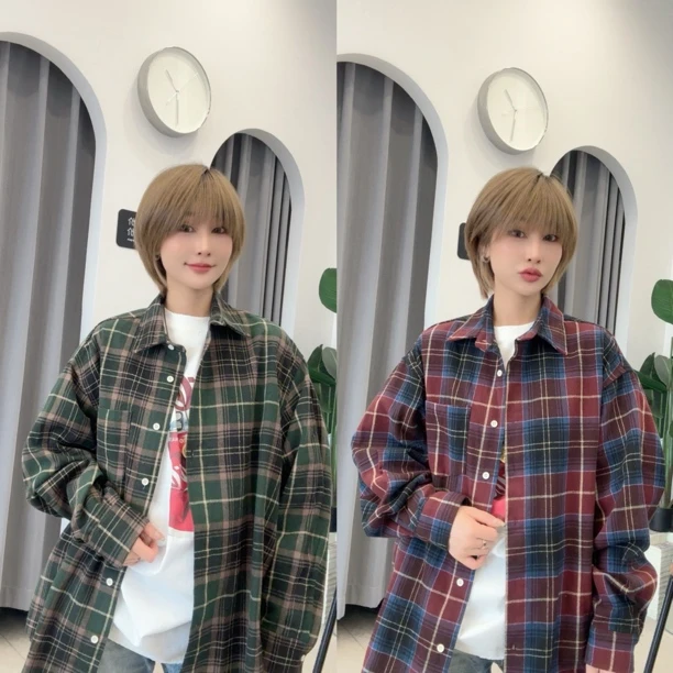 STM格纹宽松长款衬衫9638