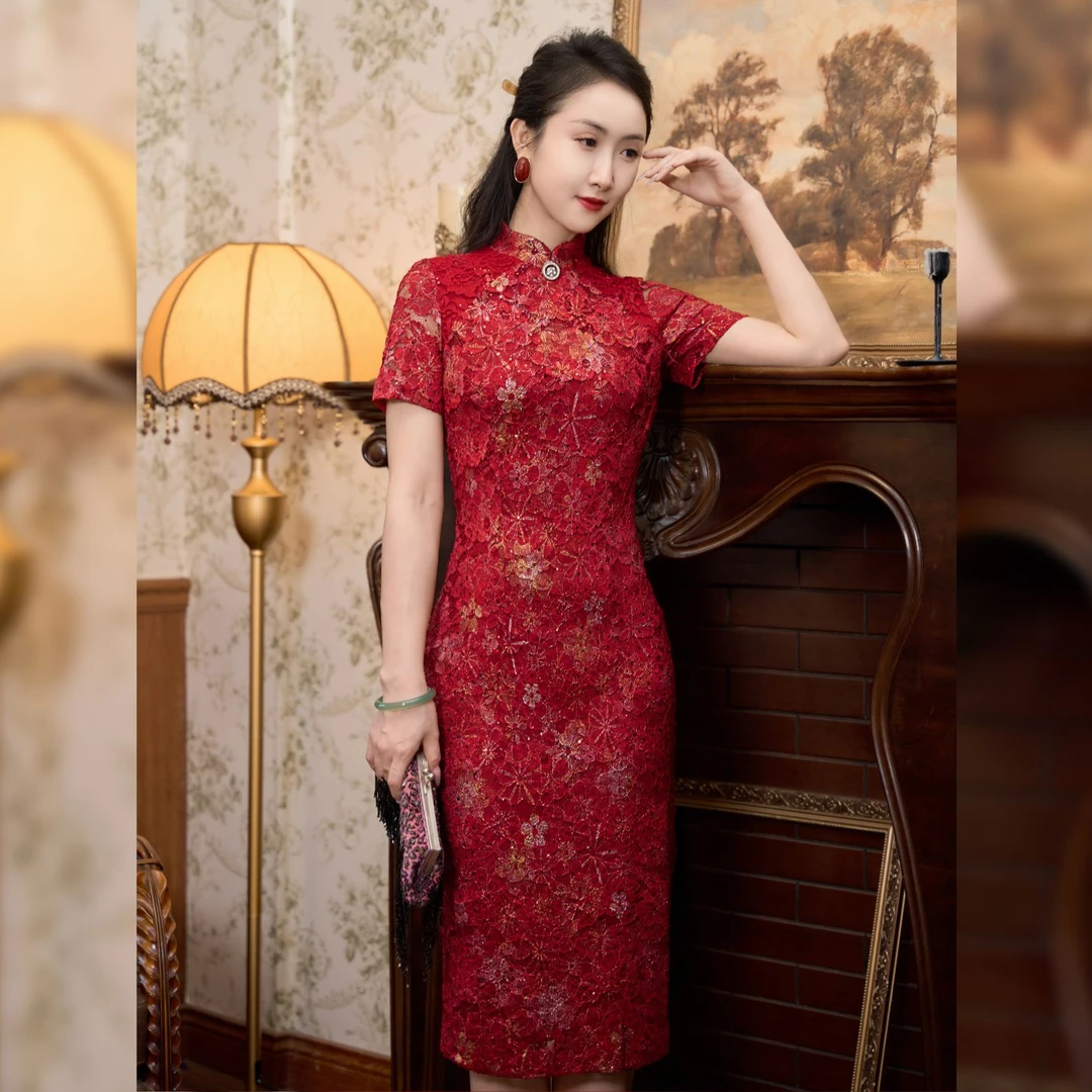 【花好月圆】宴妈妈旗袍礼服原创夏新款改良连衣裙短袖红色时尚复古