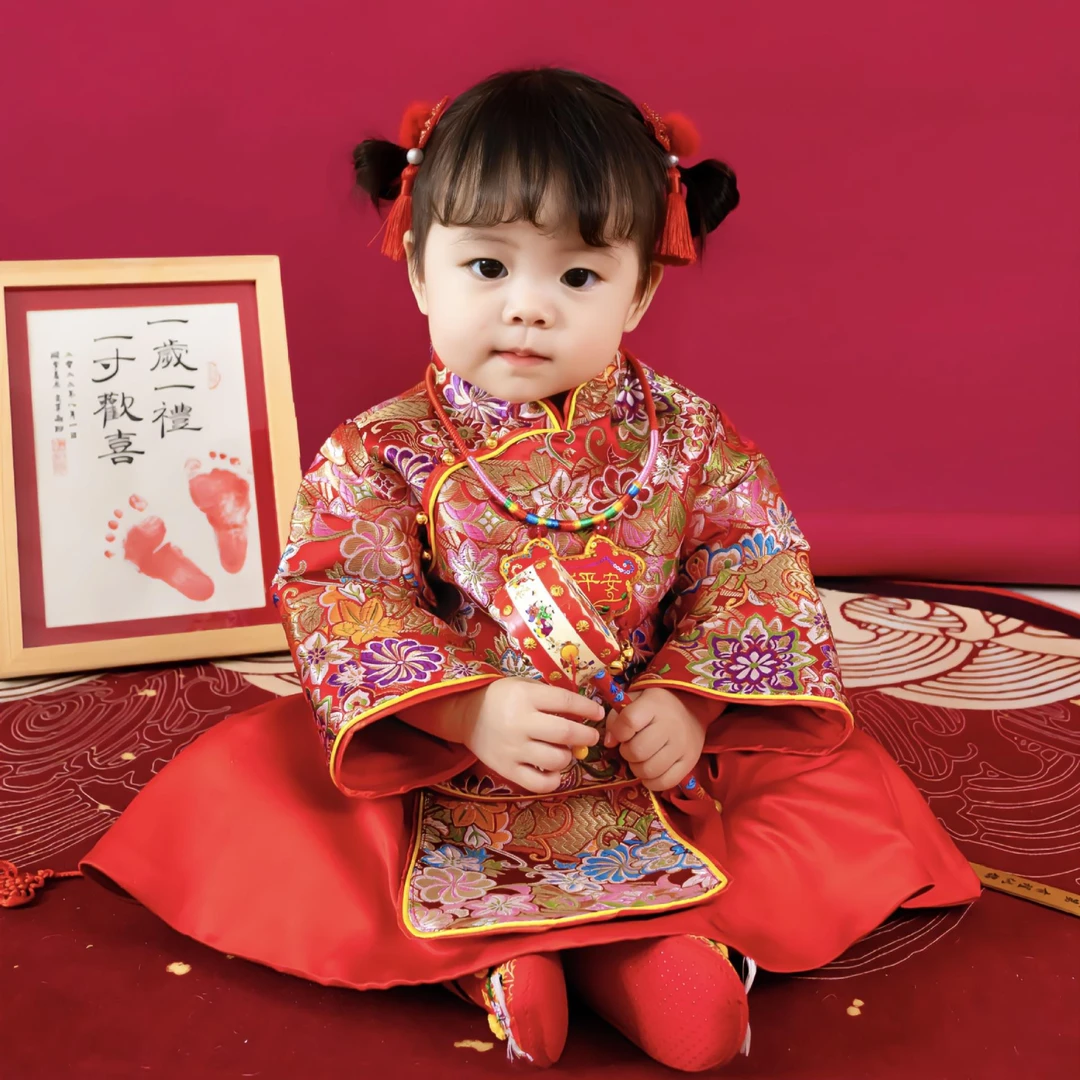 童森童装宝宝周岁礼服儿童唐装女宝宝喜庆礼服婴幼童周岁百日宴中
