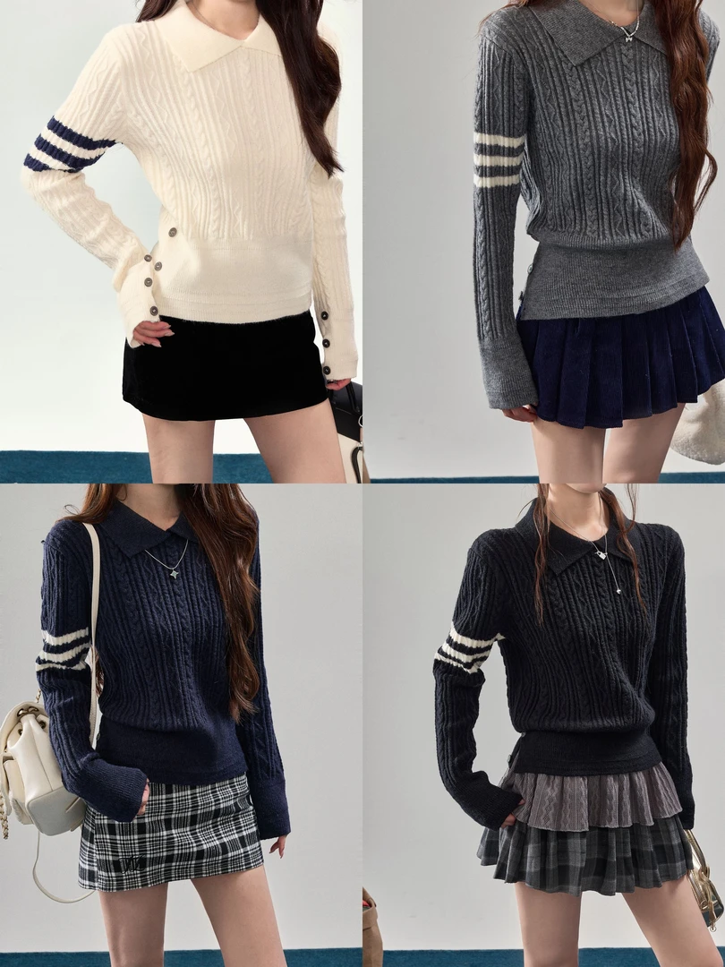 【利兹新贵】 6-8运补翻领设计三条杠麻花套头毛衣女正肩针织短上衣