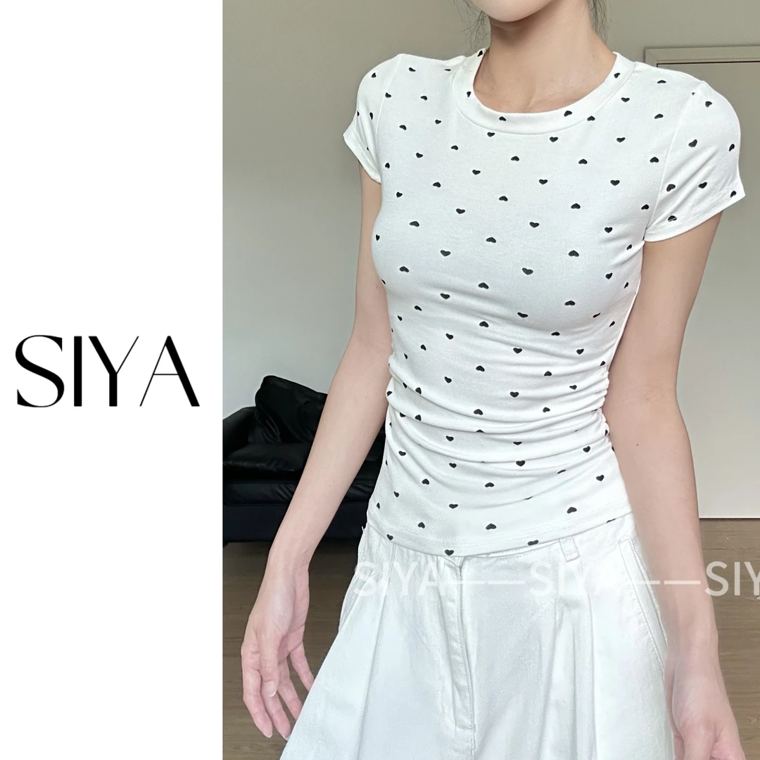 【SIYA】夏季新款修身显瘦圆领正肩短袖T恤百搭爱心波点女上衣