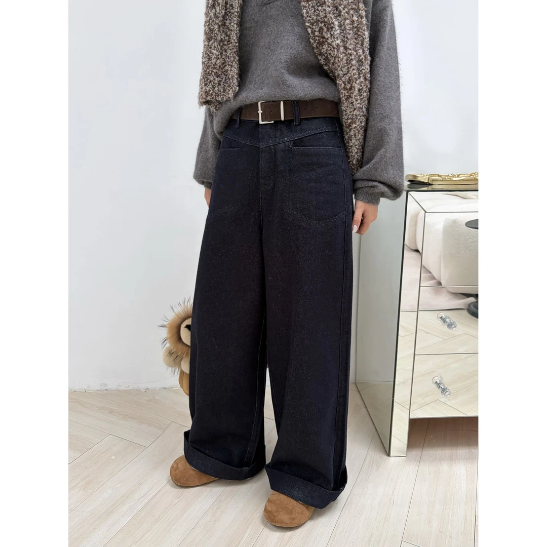 冬季加绒复古普洗蓝高腰阔腿裤牛仔裤显瘦裤子女冬季新款人字纹