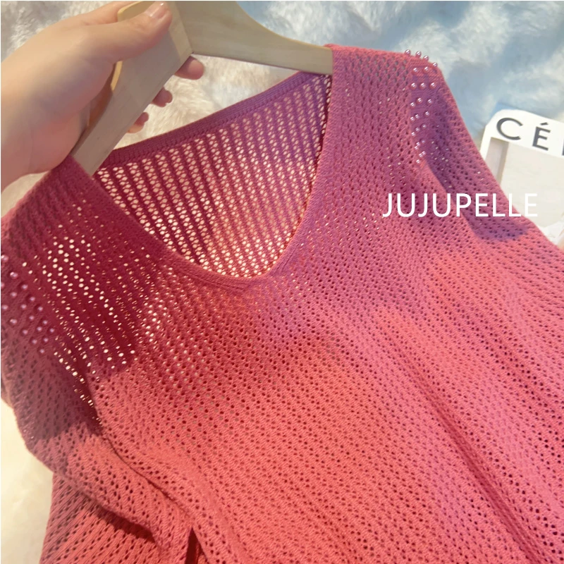 钉珠V领纯色镂空打底羊毛混纺纯色针织衫2025春季新款女长袖上衣