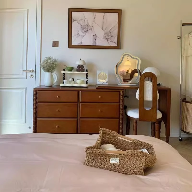 法式中古风白蜡木实木梳妆台斗柜一体小户型床尾储物收纳化妆桌子