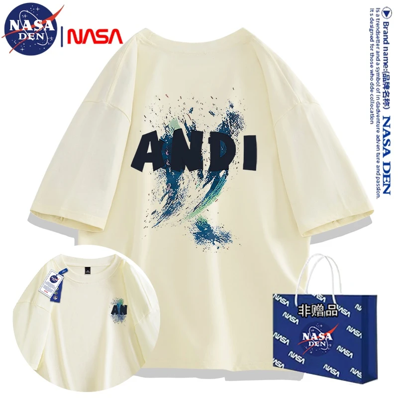 NASA联名日系夏季纯棉落肩袖重磅圆领宽松印花短袖T恤男女宽松ins