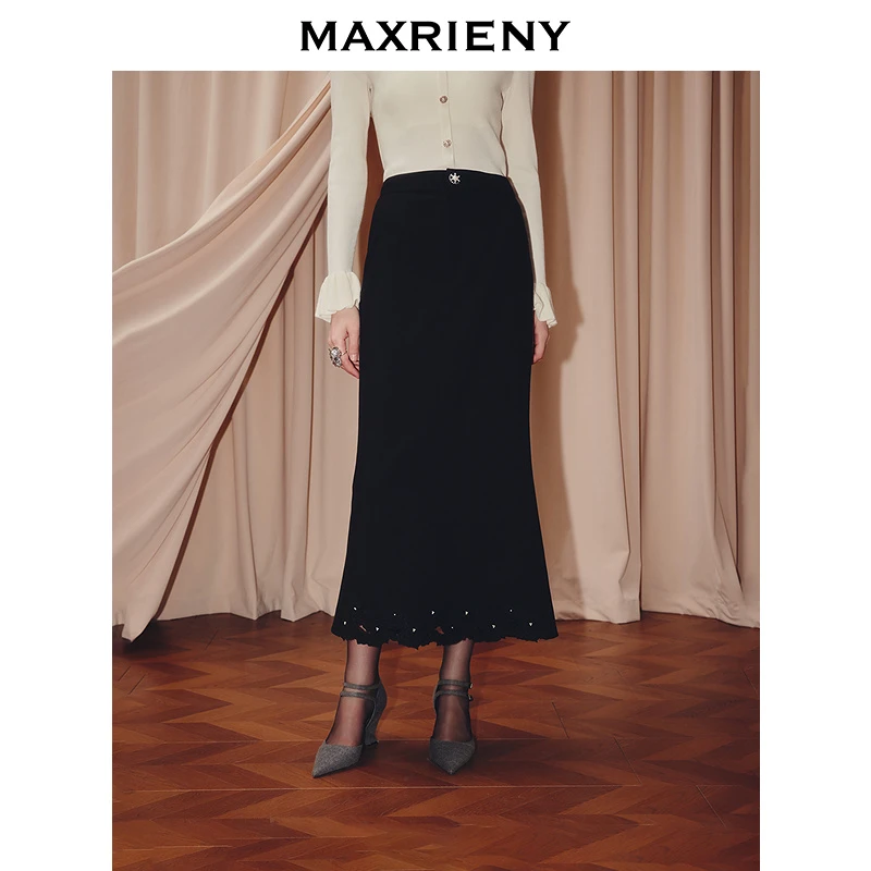 MAXRIENY法式复古绣花鱼尾半裙25冬款赫本风气质穿搭高腰中长裙