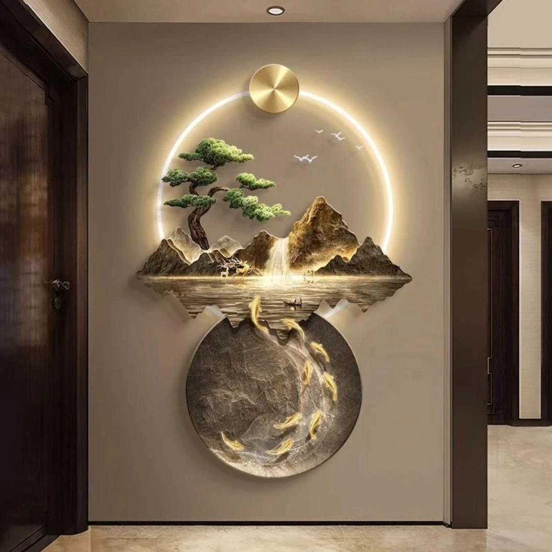 流水生财新中式玄关装饰画入户正对门壁画灯走廊过道山水高端挂画