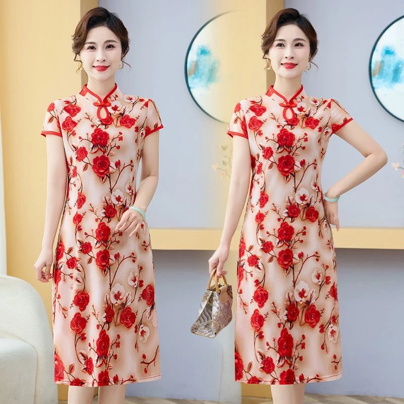 时尚短袖旗袍夏季复古花色中国风显瘦中长款印花修身气质旗袍裙