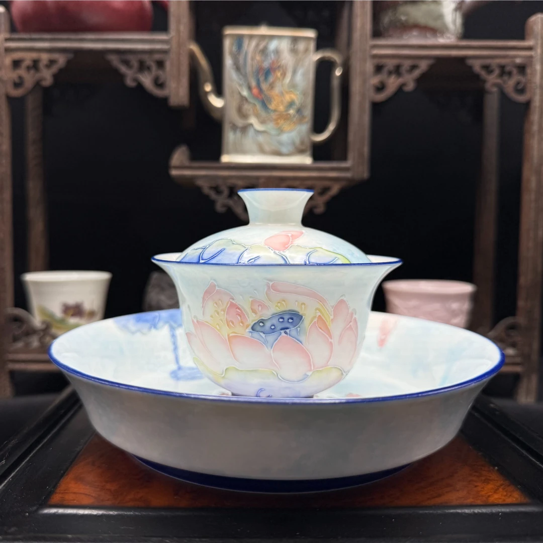 高档手工景德镇釉下彩珐琅彩纯手绘荷韵满彩三才盖碗中式复古0382