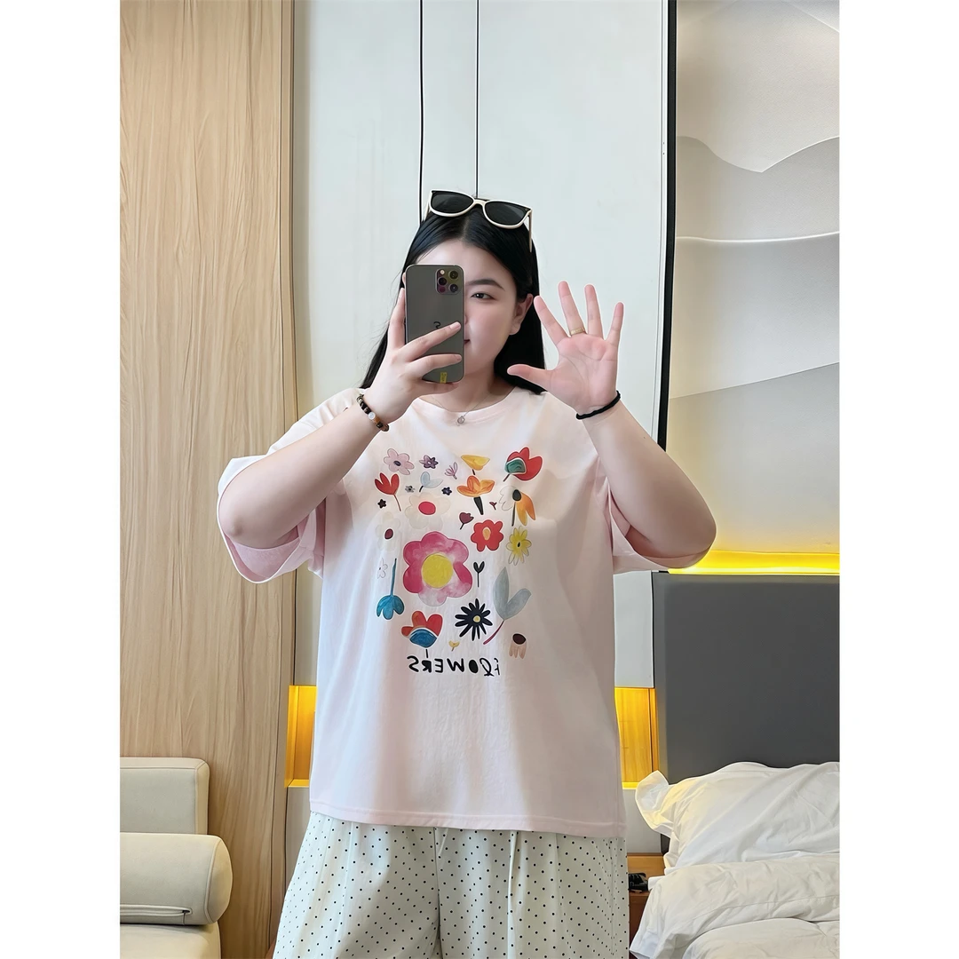 樱汛漫堤 / 莱赛尔雪花棉彩色小花圆领T恤15359花契大码200斤胖mm